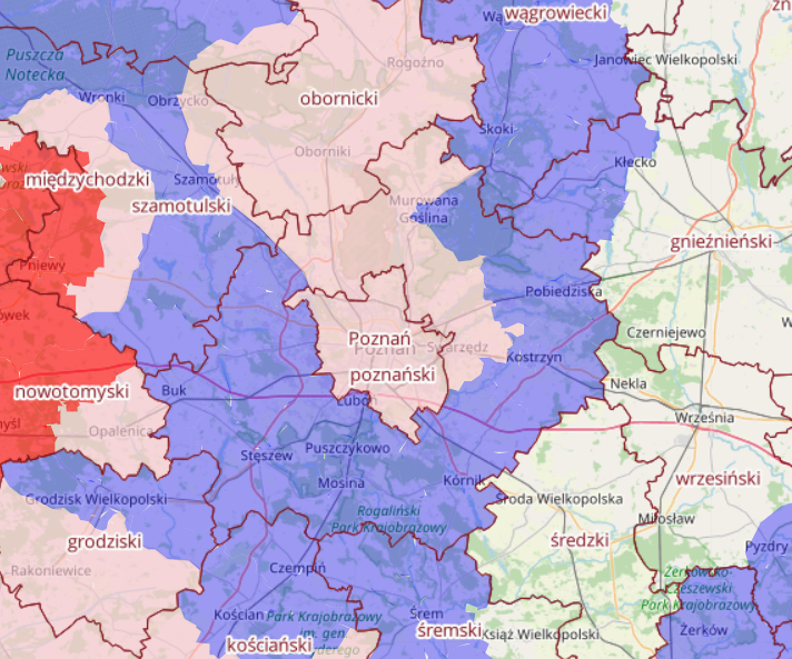 Aktualny zasięg obszarów objętych restrykcjami na terenie powiatu poznańskiego