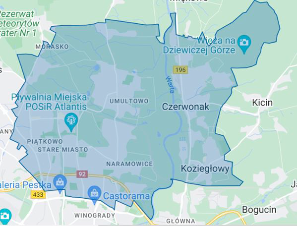 Mapa - Załącznik do rozporządzenia Nr 2/2022 Powiatowego Lekarza Weterynarii w Poznaniu z dnia 10 marca 2022 r. w sprawie zwalczania afrykańskiego pomoru świń u dzików na terenie powiatu poznańskiego