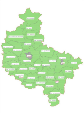 Mapa przyjęcia Regulaminu Lokalnego Partnerstwa ds. Wody (LPW)  na terenie poszczególnych powiatów województwa wielkopolskiego.