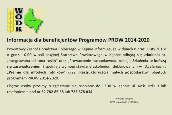 Informacja dla beneficjentów PROW 2014 - 2020