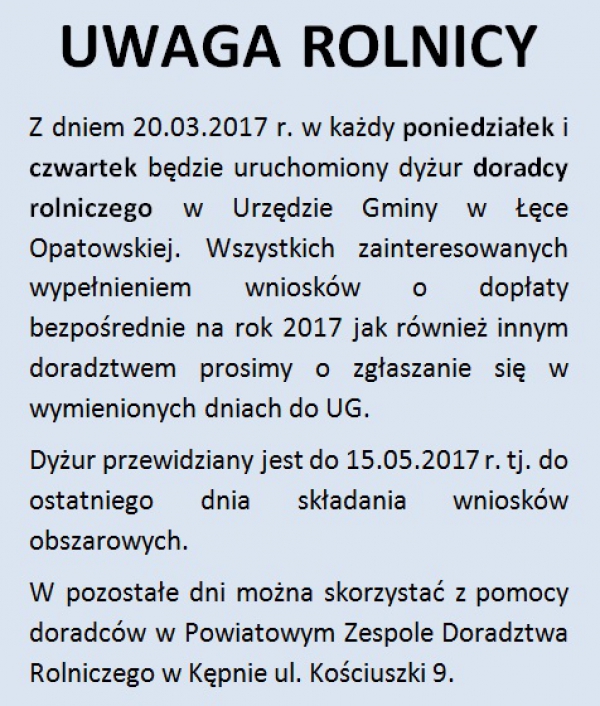 Informacja dla rolników z gminy Łęka Opatowska